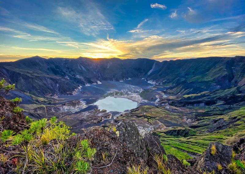 owl-shaped crater of Tambora volcano in Indonesia during sunrise