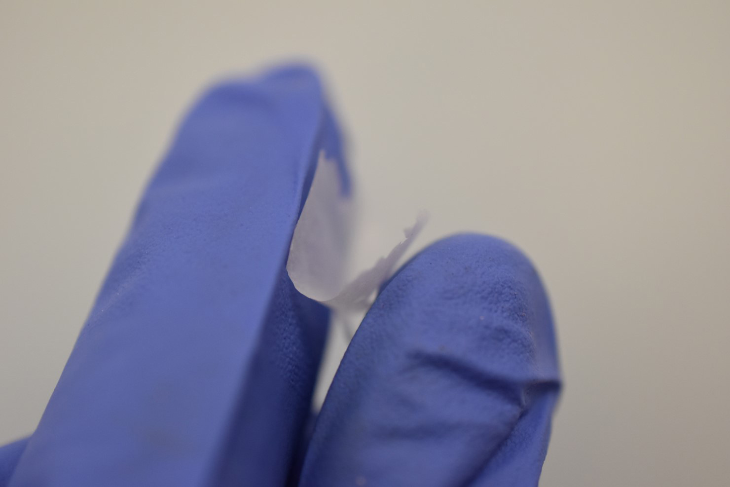 An extremly thin white mat is held between the two fingers of a researcher.