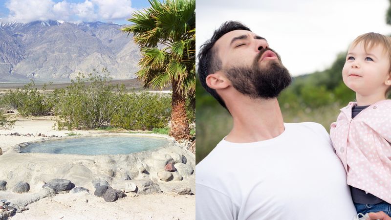 Palm Springs hot spring in Death Valley (left); Playful father teaching how to howl to a little girl in a rural path (right)