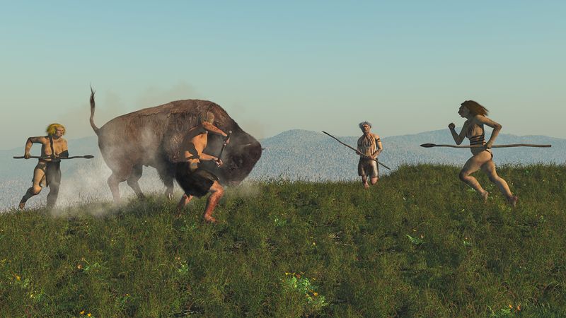 Digital illustration of a group of neanderthals hunting a bison.