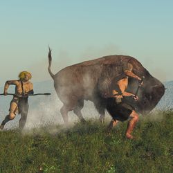 Digital illustration of a group of neanderthals hunting a bison.