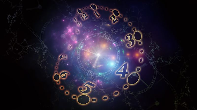 artist rendition of a clock made of light with numbers around it the image is flipped horizontally so the numbers are all backwards