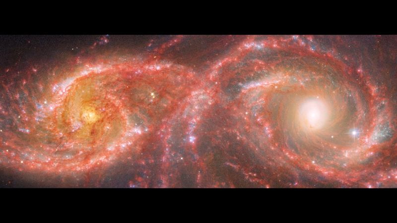 A zoomed in version of the image in the article which is described as such. Two spiral galaxies take the shape of a colorful beaded mask that sits above the nose. The galaxy at left, IC 2163, is smaller, taking up a little over a quarter of the view. The galaxy at right, NGC 2207, takes up half the view, with its spiral arms reaching the edges. IC 2163 has a bright orange core, with two prominent spiral arms that rotate counter clockwise and become straighter towards the ends, the left side extending almost to the edge. Its arms are a mix of pink, white, and blue, with an area that takes the shape of an eyelid appearing whitest. NGC 2207 has a very bright core. Overall, it appears to have larger, thicker spiral arms that spin counter clockwise. This galaxy also contains more and larger blue areas of star formation that poke out like holes from the pink spiral arms. In the middle, the galaxies’ arms appear to overlap. The edges show the black background of space, including extremely distant galaxies that look like orange and red smudges, and a few foreground stars.