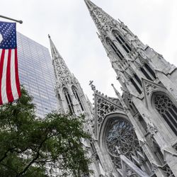 The Cathedral of St. Patrick, a decorated Neo-Gothic-style Roman Catholic cathedral church in the United States and a prominent landmark of the Fifth Avenue in Manhattan, NYC