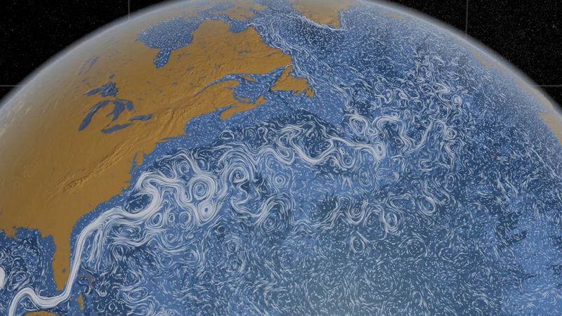 3D model of the oceans currents in the North Atlantic Ocean off the coast of the US and Canada.