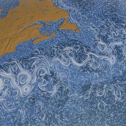 3D model of the oceans currents in the North Atlantic Ocean off the coast of the US and Canada.