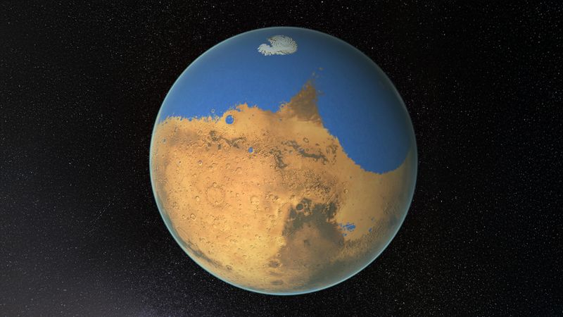 An artist impression of Mars with lakes and a large ocean in the northern hemisphere. The south is san colored filled with craters.