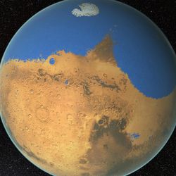 An artist impression of Mars with lakes and a large ocean in the northern hemisphere. The south is san colored filled with craters.