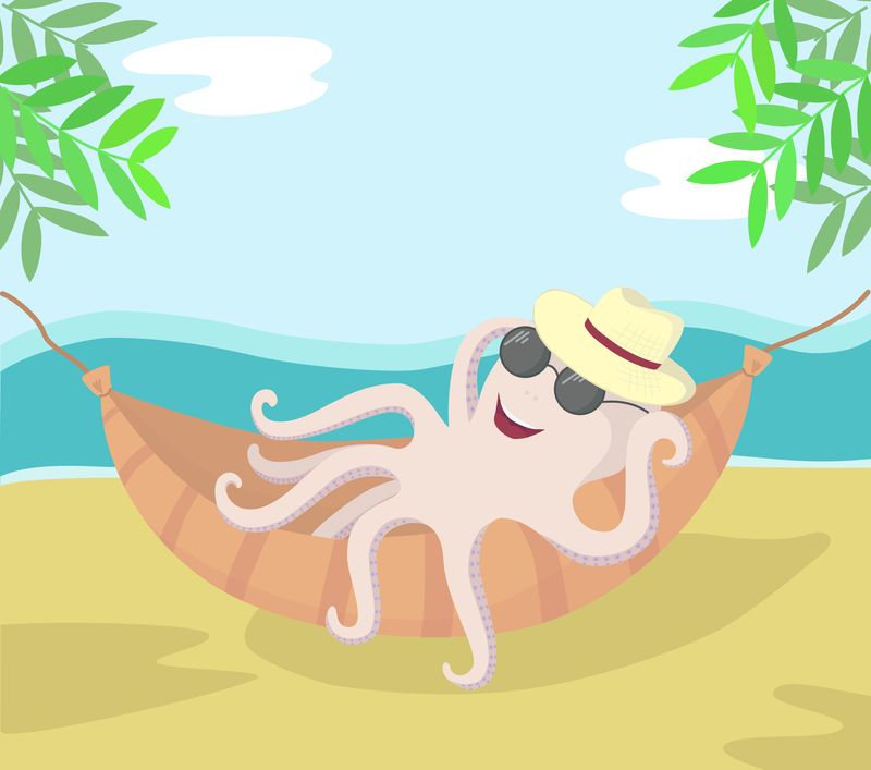 cartoon illustration of a pale pink octopus lying in a hammock on a beach, he's wearing sunglasses and a straw hat