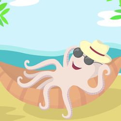 cartoon illustration of a pale pink octopus lying in a hammock on a beach, he's wearing sunglasses and a straw hat