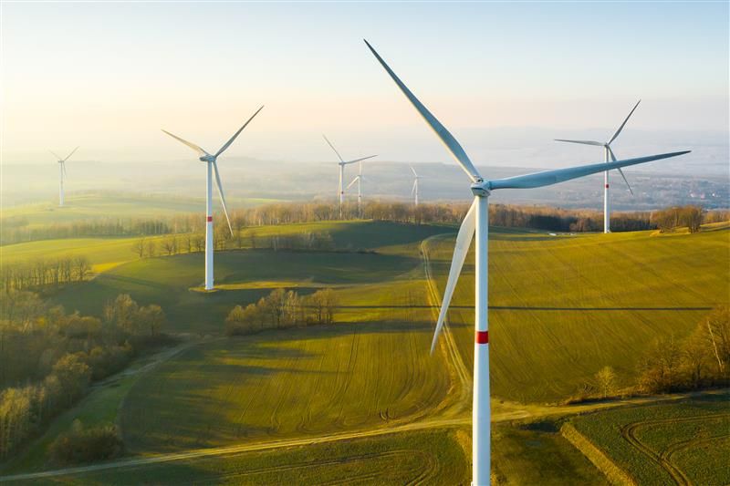 A series of wind turbine are laid out within a network of agricultural fields. The photo is closely focused on one but four others are seen fading into the distance. The sky is clear and it looks like the Sun is still rising. 