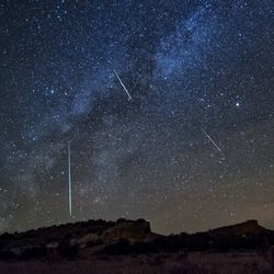 orionids meteor shower photographed in 2016; meteors are visible streaking downwards in the sky, which is starry and dark blue fading to pale orange; there are hills and grasses visible and a plant in the foreground at the right hand side