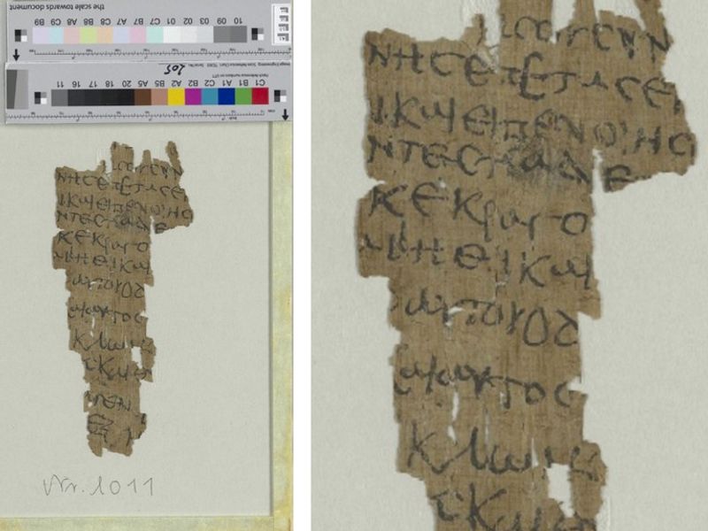 Two photos of the papyrus fragment which is roughly shaped like a 2D cone. The material is a uniform aged brown and there is rough looking Greek letters covering it. 