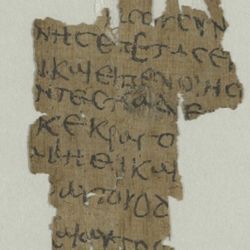 Two photos of the papyrus fragment which is roughly shaped like a 2D cone. The material is a uniform aged brown and there is rough looking Greek letters covering it. 