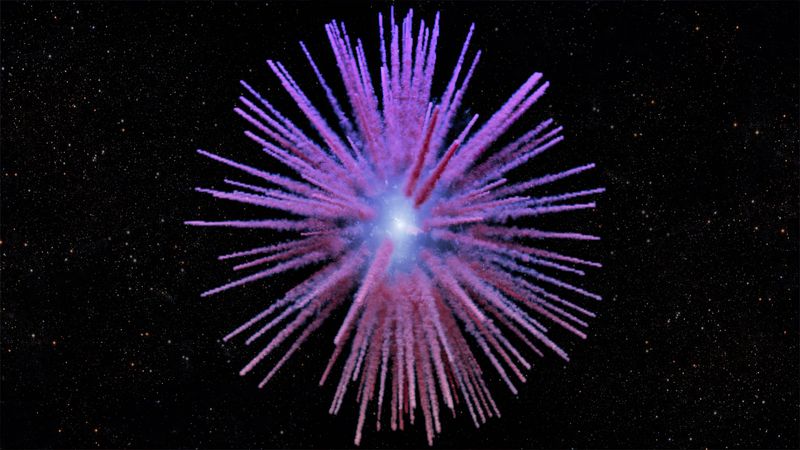 fuzzy streaks are seen pointing outwards from a spherical shell, like framents exploding away from an explosion in this reconstrcution.