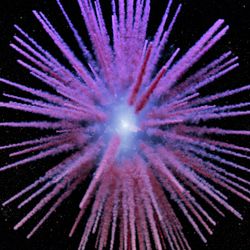 fuzzy streaks are seen pointing outwards from a spherical shell, like framents exploding away from an explosion in this reconstrcution.