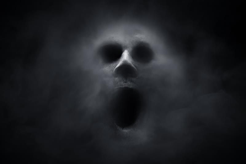 A ghostly faces presses out of the dark. The face's eyes and mouth are just black holes in an otherwise pale grey face.