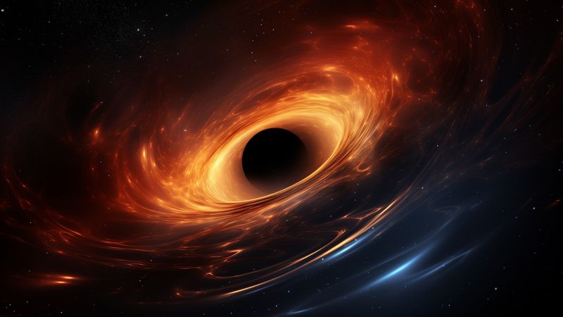 Artist impression of a black hole. It is represented as a black sphere within reflecting fluid glowing red and blue