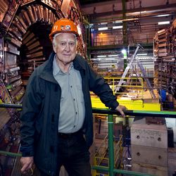 Peter Higgs photographed at the CMS detector at CERN in 2008