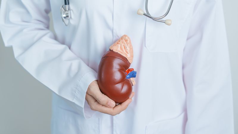 close-up of someone in a white doctor's coat holding an anatomical model of a kidney and renal gland