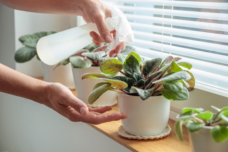 Potted violets on wooden window sill, woman sprays plants in white pots at home.