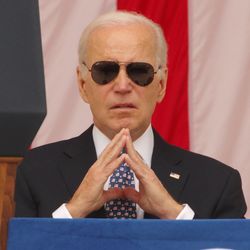 ARLINGTON, VA, USA - May 29, 2023: U.S. President Joe Biden waits to give his Memorial Day address at Arlington National Cemetery.