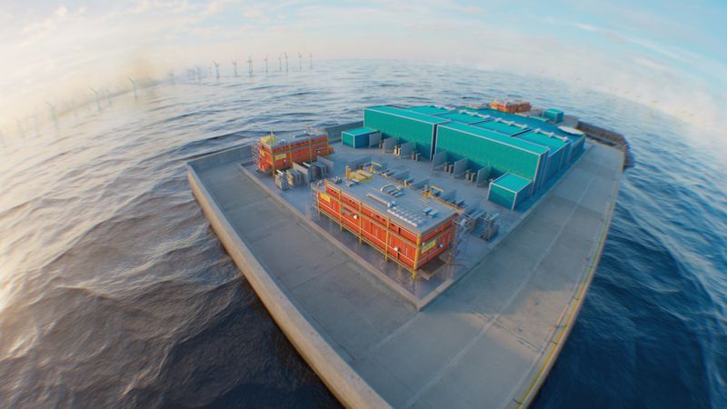 Artist's impression showing a concrete rectangular island in the middle of the sea with faintly visible wind turbines in the background. The island has several structures on it in orange and teal.