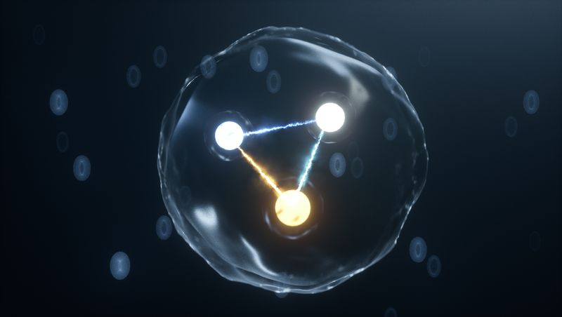 the glowing dots connected by glowing lines, in a transparent bubble representing a proton.