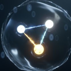 the glowing dots connected by glowing lines, in a transparent bubble representing a proton.