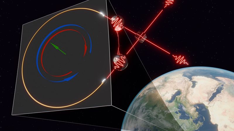 A schematic view of how the interferometer works with somethign like entangled photons waves entering, and the planet behind it.