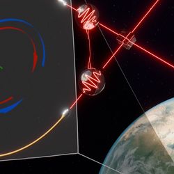 A schematic view of how the interferometer works with somethign like entangled photons waves entering, and the planet behind it.