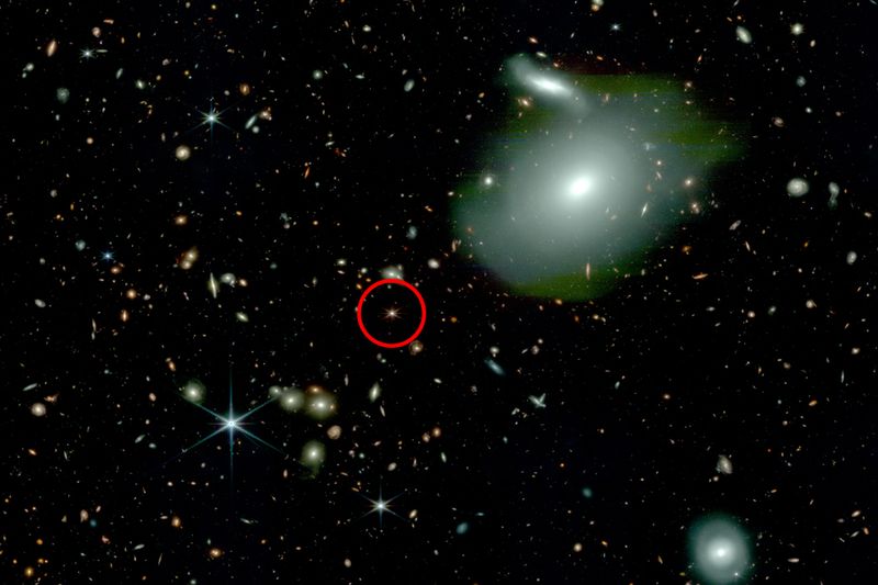 The image shows counteless galaxies including a bit one in the forground. A red circle highight a bright spot of light - that's the quasar with no neighbors