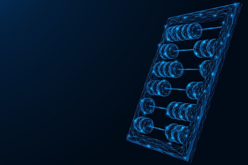 Rendering of an abacus made of blue polygons on a dark navy background