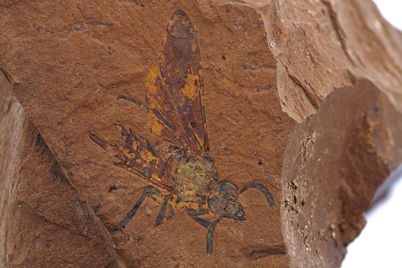 Large red rock with the sawfly fossil on top. The fossil is extremely well preserved with a very clear head, legs and wings.