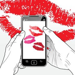 A digital illustration showing a pair of hands holding a smart phone. The hands are colourless, and indicated by a line drawing while the phone is black. The phone screen is white and shows three lipstick kiss images on it. In the background, there is a larger pair of lipstick marks. 