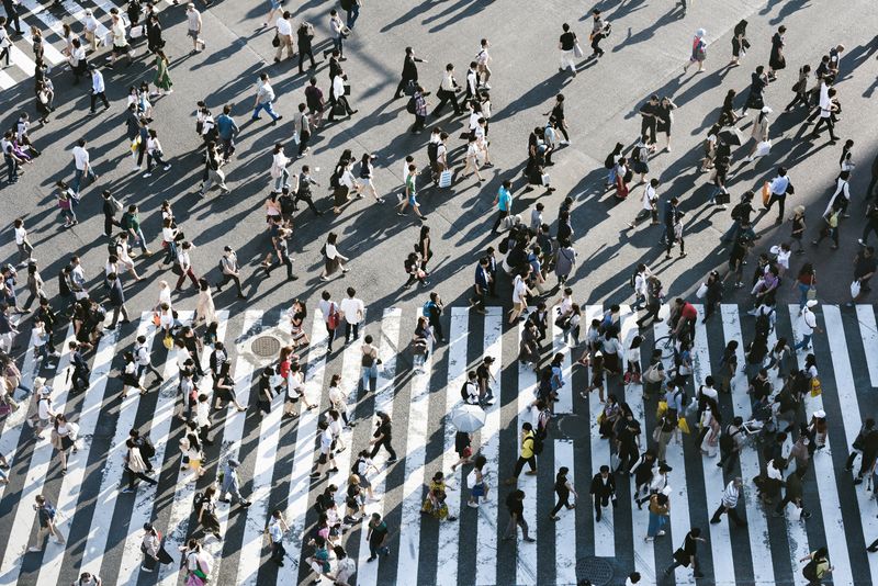 Crowds of people at Shibuya Crossing in Japan.