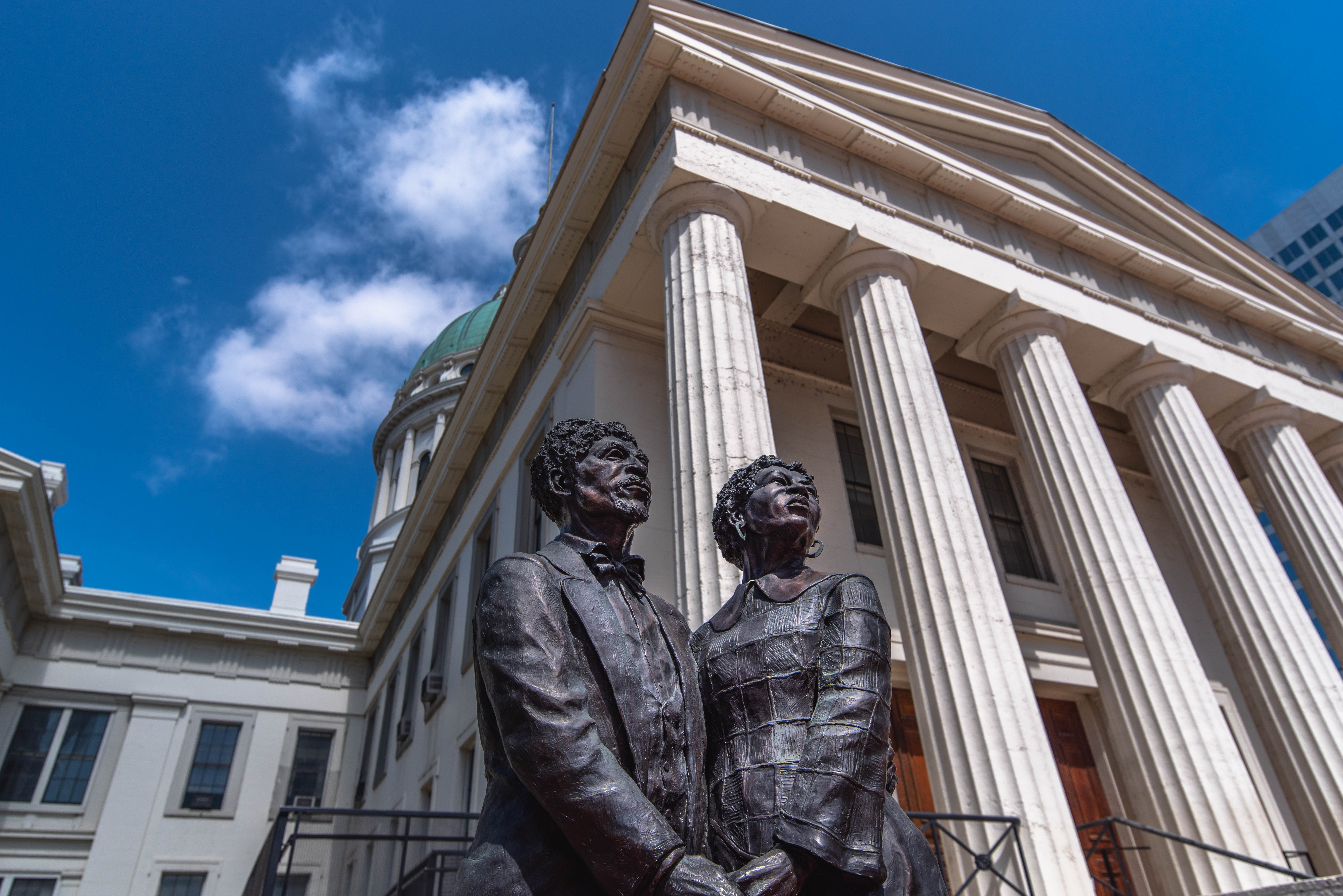 Saint Louis, MO--May 24, 2020; Dred and Harriet Scott statue on south lawn of the Old Courthouse downtown on grounds of St. Louis Arch National Park marks site of historic court case and ruling.