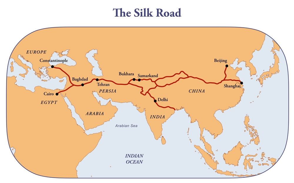 A simplified map of the historical silk road from China across Asia to Europe.