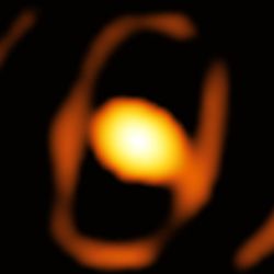 The real image shows a thin oval shape and at the center an egg like orange, ther star. The artist impression on the side show the same but provide tghe whispiness of the outer disk of gas and the fuzziness of the super red giant.