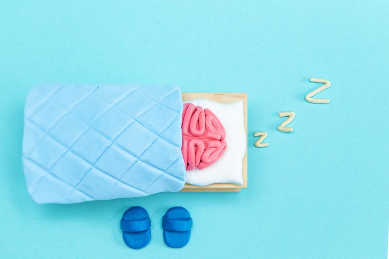 plasticine model of a pink human brain in a bed with a white pillow and pale blue covers, with dark blue slippers by the side of the bed and white Zs coming out of the head of the bed; the background is a light turquoise