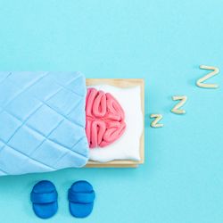 plasticine model of a pink human brain in a bed with a white pillow and pale blue covers, with dark blue slippers by the side of the bed and white Zs coming out of the head of the bed; the background is a light turquoise