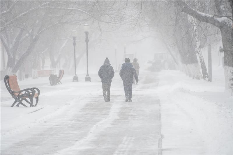 Figures walk along a park path during a blizzard. The snow has covered every surface and caused much lower visibility. A bench can be seen to the right of the image and there are trees lining the snow covered path.