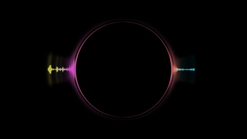 A sound waves render is seen against a stark dark circle.