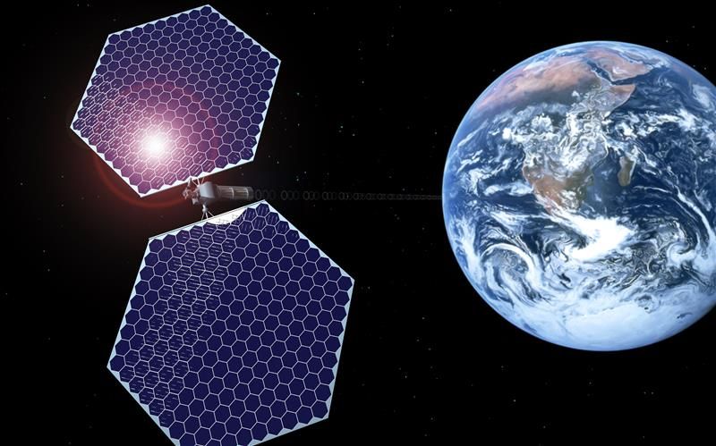 Concept of orbital solar power plant that converts sunlight into microwave radiation that is sent to a receiver on Earth. Two exagonal solar arrays are in sunlight while spacecrat is in the middle beeming radio waves to earth