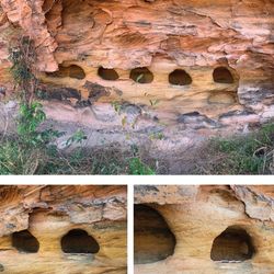 Three photos showing the smaller stone niches carved into the cliff face. The top image shows the niches in the red sandstone from further back. There are grasses in the foreground. The photo on the bottom left shows a close up of the niches to the left of the row. A man is visible in the bottom left corner as he is excavating. The photo on the bottom right shows the remaining three niches on the right of the row. 