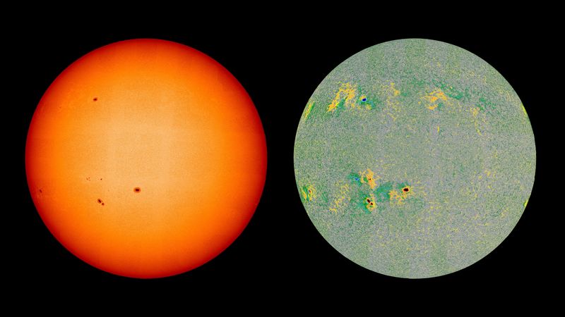 Two image of the Sun, one in visible light showing a plane disk with a handful of dark spots. The other is the magnetic fields which taces the dark spots but also connects them in ways not visible in visible light.