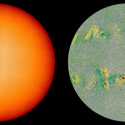 Two image of the Sun, one in visible light showing a plane disk with a handful of dark spots. The other is the magnetic fields which taces the dark spots but also connects them in ways not visible in visible light.