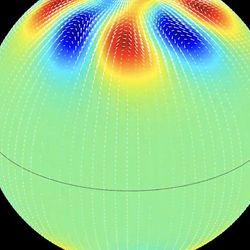 The image shows a sphere modeling the sun. Arc-shaped structures in either blue or red represent the motion of the plasma in the vortices.