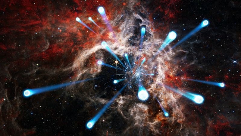 An image of the tarantula nebula from JWST showing a large hollow center with wispy clouds strands all around it and many points of light. And above it, dwarisn of stars moving away quickly from it.