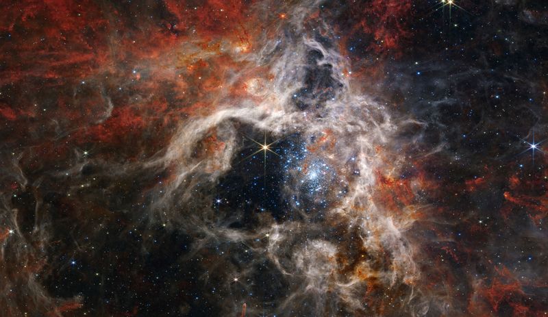 Tarantula nebula – a starforming region – seen by the James Webb Space Telescope.